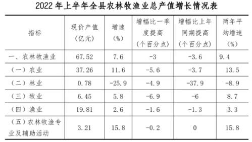 表1  2022年饶平县上半年农林牧渔业总产值增长情况表