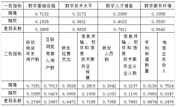 表6 数字经济指标熵值、熵权、差异系数